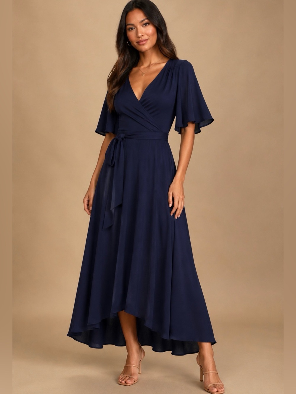 Bobeau Navy Orna Wrap Maxi Dress with Flutter Sleeves
